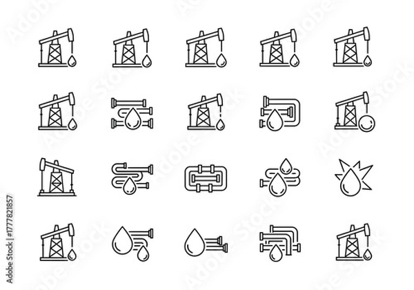 Fototapeta Oil Industry and Pipeline Icons Set in Black and White Outline Style.
