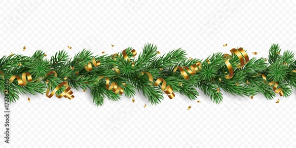 Fototapeta Holiday Christmas tree seamless garland with golden confetti and ribbons isolated on a transparent background. Vector realistic pine tree branches border for winter decoration banner, poster, greeting