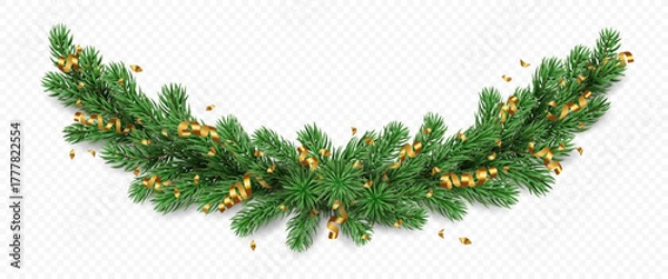 Fototapeta Vector realistic pine tree branches with golden confetti and ribbons isolated on a transparent background. Holiday Christmas tree garland for winter decoration banner, poster, greeting card.