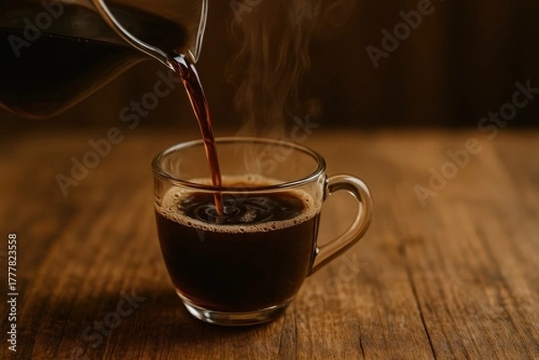 Fototapeta In a cozy setting, coffee is being poured from a carafe into a clear glass cup, creating steam. The wooden table adds a warm touch to this relaxing morning moment