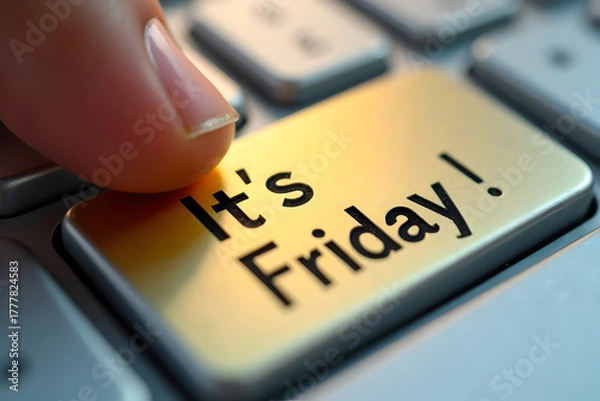 Fototapeta Bright yellow keyboard button “It’s Friday!” glowing under finger, Happy Friday light concept