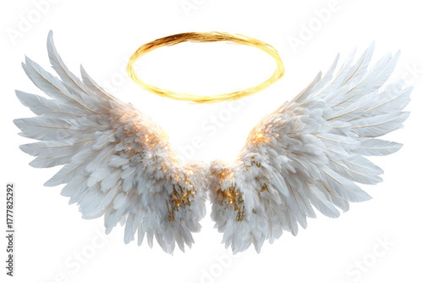 Fototapeta Majestic angel wings with soft white feathers and glowing halo for heavenly designs