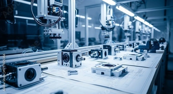 Fototapeta Automated production line in a modern factory, showcasing precision engineering and advanced technology in manufacturing process