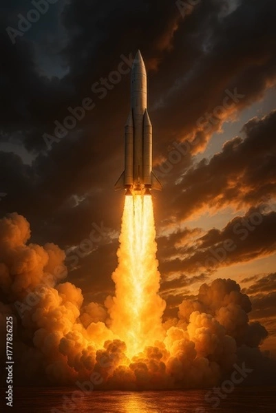 Fototapeta A rocket lifts off from a coastal launch site at sunset. The scene displays vibrant colors as flames burst from the engines, illuminating the clouds. Smoke billows around the rocket as it rises