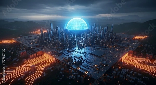 Fototapeta Futuristic cityscape with a glowing dome, symbolizing advanced technology and urban innovation against a dramatic sky with modern architecture