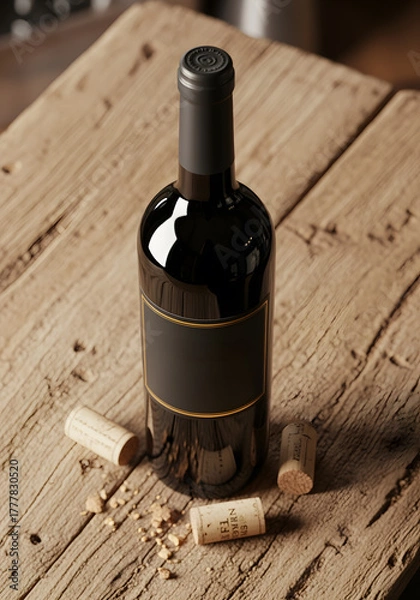 Obraz Red Wine Bottle on Cork Texture Surface