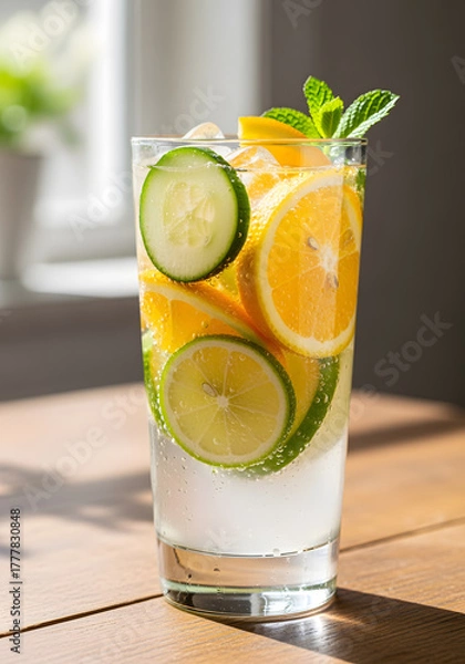 Obraz Refreshing Citrus and Cucumber Infused Water in Tall Glass