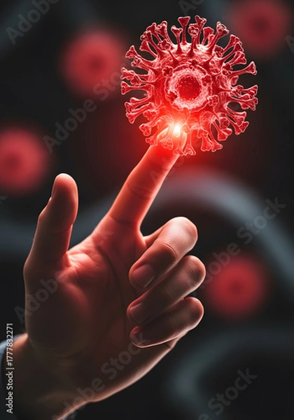 Obraz Hand Interacting With Glowing Red Microscopic Virus Model