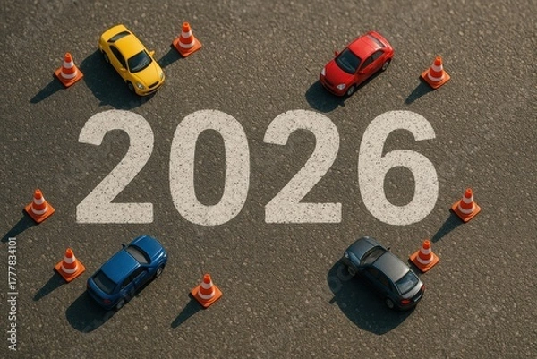 Fototapeta Miniature toy cars and cones on asphalt with bold 2026 text concept