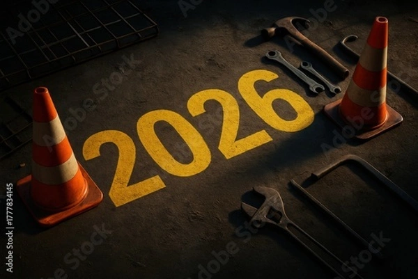Obraz Construction tools and cones on asphalt background with 2026 text