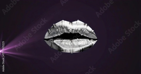 Fototapeta Floating metallic silver lips reflecting violet light beam against deep purple gradient