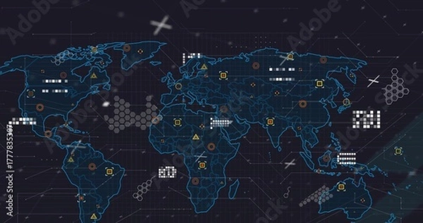 Obraz Displaying blue world map on dark grid, showing colored markers, data clusters and plus signs
