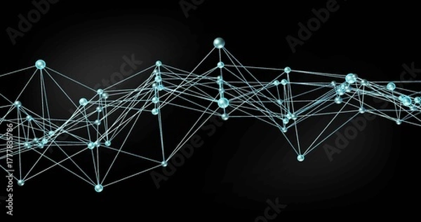 Fototapeta Displaying network graph spanning dark gradient backdrop, showing blue-green nodes, thin lines