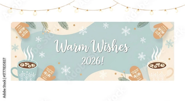 Fototapeta Warm wishes 2026 banner with winter mittens, snowflakes, and hot cocoa isolated on transparent background