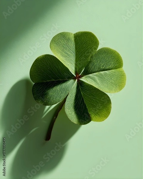 Obraz Vibrant Green Four-Leaf Clover Against a Light Green Background with Hard Shadow