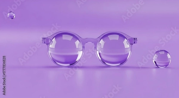 Obraz Transparent optical eyewear rests on a monochromatic lavender surface with floating liquid spheres