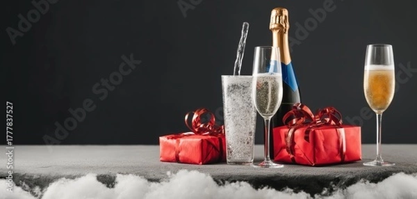 Fototapeta The scene showcases an ice bucket filled with champagne alongside elegant glasses and vibrant red gift boxes, perfect for celebrations