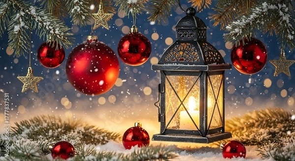 Obraz Ornate metal lantern radiates warm light surrounded by vibrant red ornaments and snow dusted evergreen branches