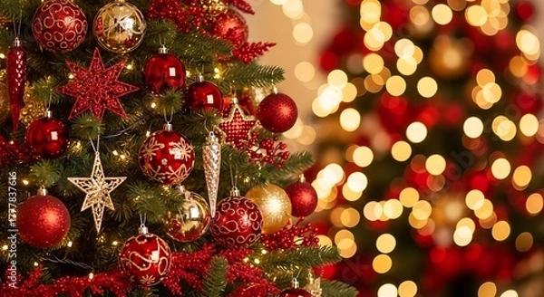 Fototapeta Festive evergreen tree adorned with sparkling ornaments and warm illumination creates a magical holiday atmosphere