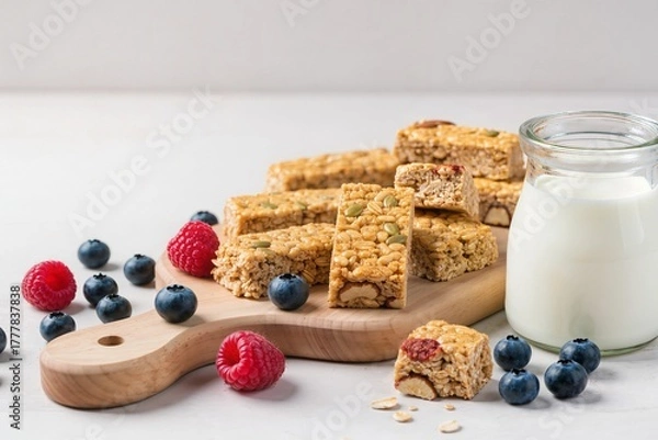 Fototapeta Oatmeal muesli bars on a wooden board, next to blueberries, raspberries, a jar of yogurt, bright shot, stock clear image