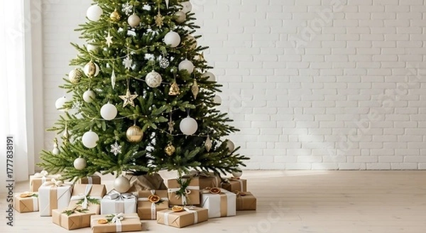 Fototapeta Decorated evergreen tree stands ready with gifts piled beneath in a bright room