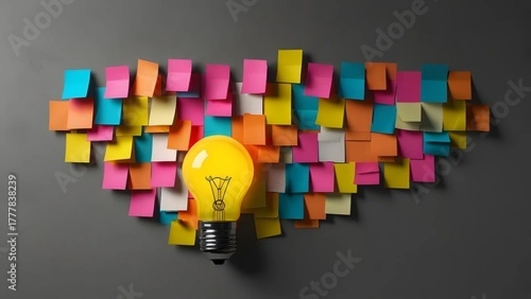 Fototapeta Light bulb surrounded by colorful sticky notes on gray wall with lightbulbe.