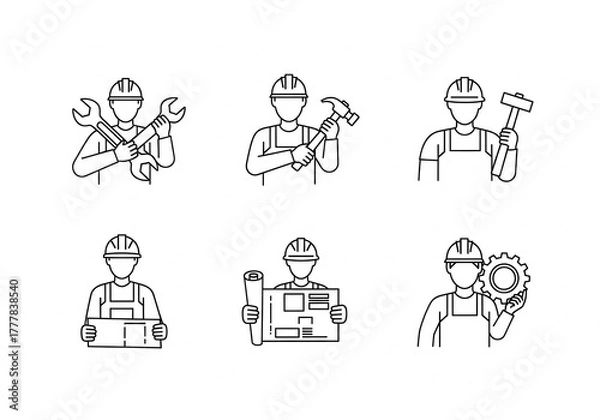 Obraz Industrial worker outline icon set, black and white vector symbols of tools and construction