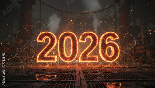 Fototapeta Fiery glowing numbers of the year 2026 illuminate a dark, industrial, and smoky background with sparks flying.