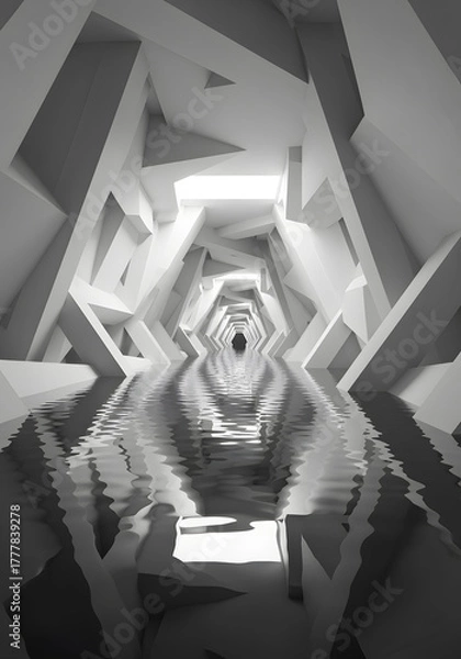 Fototapeta White Geometric Tunnel with Water Reflections and Optical Illusion