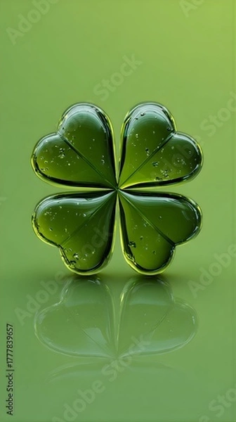 Obraz 3D Render of Shiny Glass Four-Leaf Clover with Water Droplets