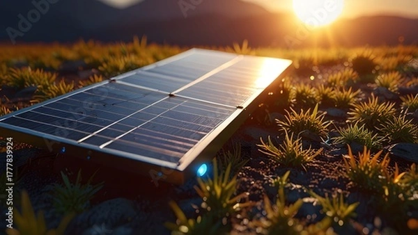 Obraz Solar panel ground with the sun setting in the background and mountain.