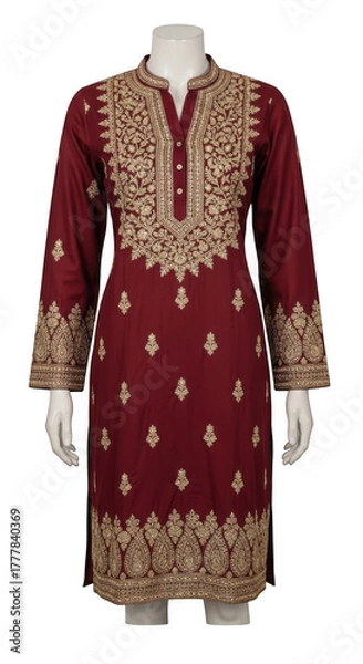 Fototapeta Maroon kurta with golden embroidery on a mannequin, isolated on transparent background