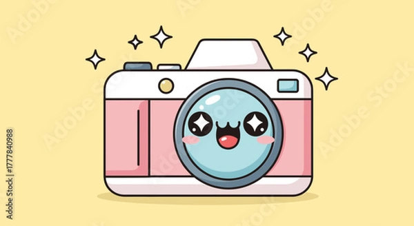 Fototapeta Vector  illustration of a pink and cream kawaii camera with a happy face and sparkling stars around it