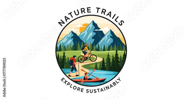 Obraz Vector  illustration of outdoor activities including hiking biking and kayaking in a mountain scene design