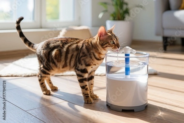 Fototapeta A Bengal cat drinks from an automatic fountain-style water bottle in a bright room interior.