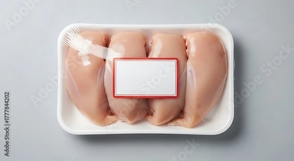Fototapeta Raw Chicken Breast Fillets in Packaging with Blank Label Mockup