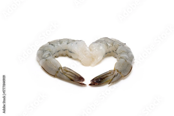 Obraz Raw shrimp heart shape on white background, seafood love concept