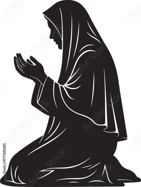 Fototapeta Silhouette of a Muslim Woman Praying with Hands Raised to Heaven