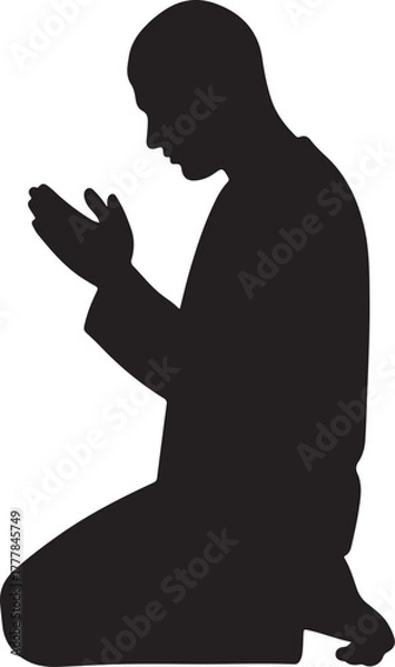 Fototapeta Silhouette of Muslim man praying on his knees with faith
