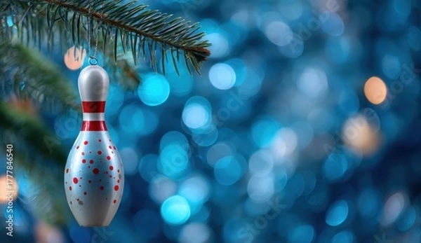 Fototapeta A Christmas ornament in the shape of a bowling pin hanging on a Christmas tree.