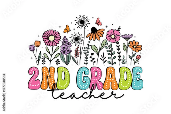 Obraz Colorful Second Grade Teacher Groovy Floral   Wildflower Clipart for Sublimation Design 