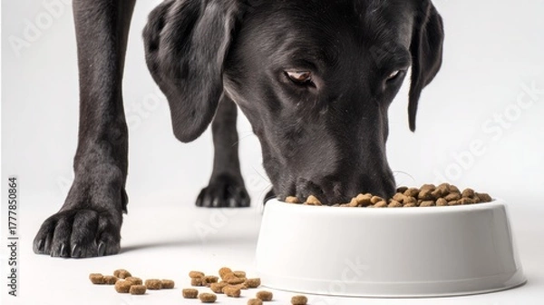 Fototapeta A black Labrador retriever eating from a white bowl filled with dog food. The dog is focused on the food, with kibble scattered around the bowl.