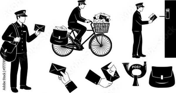 Obraz Postman, Postman silhouette, Postman vector set, Mailman silhouette, Mailman, Postman silhouette bundle set