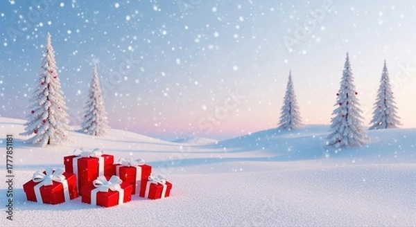 Fototapeta Christmas Red Gift Boxes in Snowy Winter Landscape Background