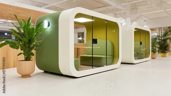 Fototapeta Modern open plan office featuring modular glass workspaces, vibrant green accents, and stylish seating areas, creating an innovative and collaborative environment with copy space