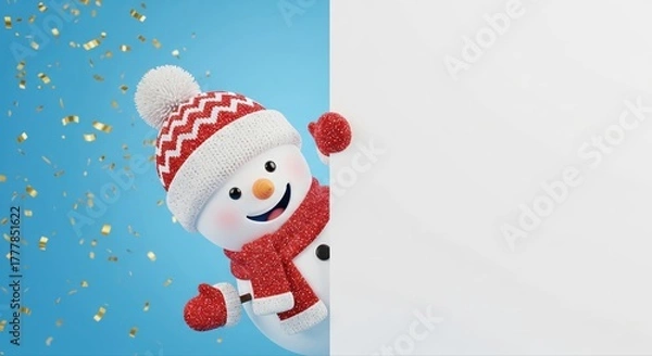 Fototapeta Cute Snowman Character Peeking Out Holding Blank Sign Banner