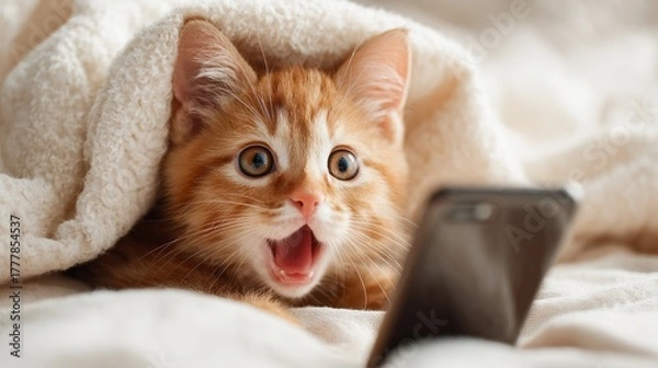 Fototapeta A surprised orange tabby kitten peeks out from under a soft blanket, staring at a smartphone screen with wide eyes and an open mouth.