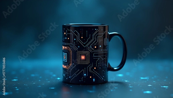 Fototapeta A coffee mug with a circuit board design in black, placed on a blue toned backdrop.
