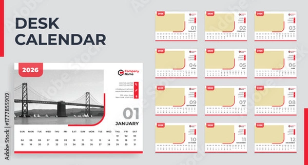 Fototapeta 2026 Desk Calendar Template – Clean Corporate Layout, Editable AI File