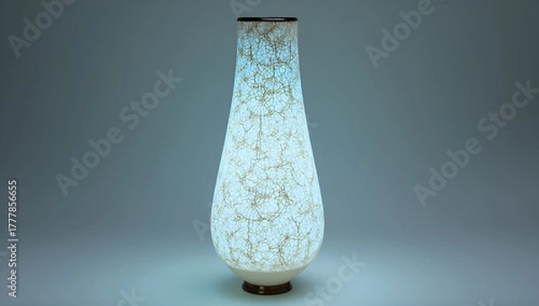 Fototapeta A modern, elegant vase with a glossy ivory white finish, with an intricate crackle glaze pattern that is softly illuminated.
